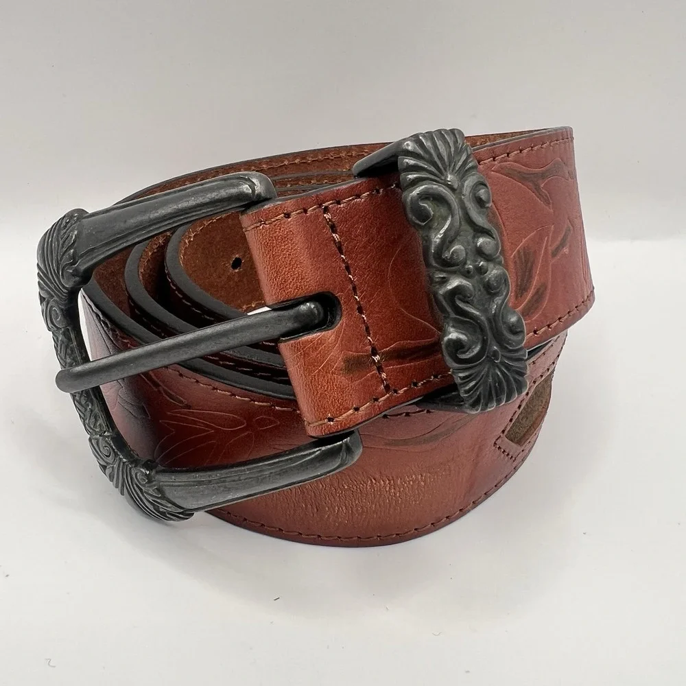 Leather Leaf Print Embossed Western Belt Women's S/M Brown Rodeo Boho